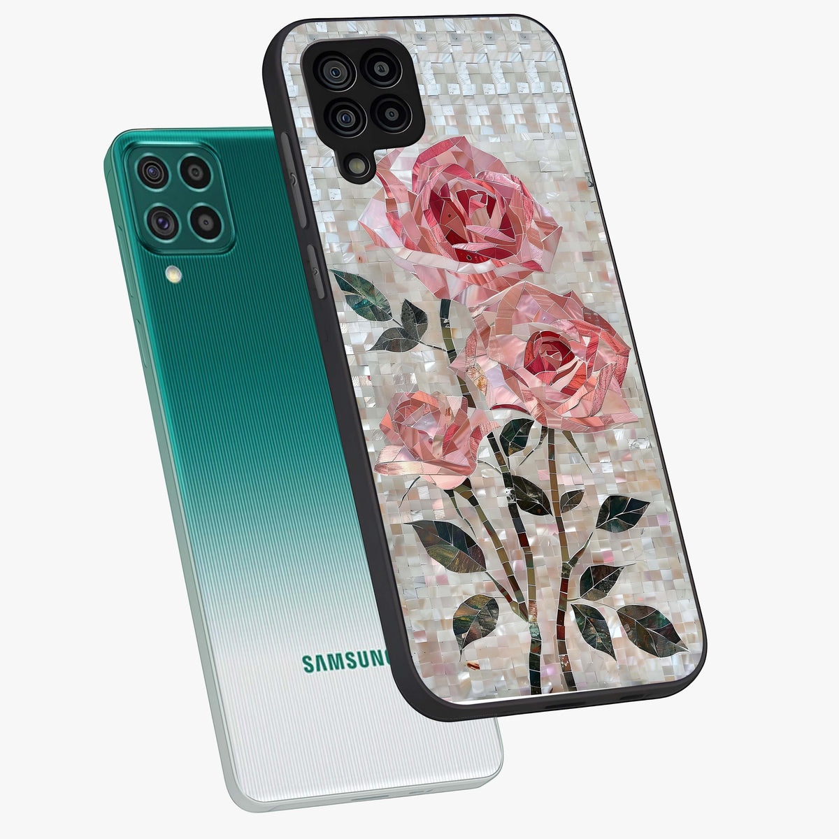 Blush Mosaic Bloom Glass Case displayed in angled mockup highlighting artistic mosaic flower pattern with aesthetic design.