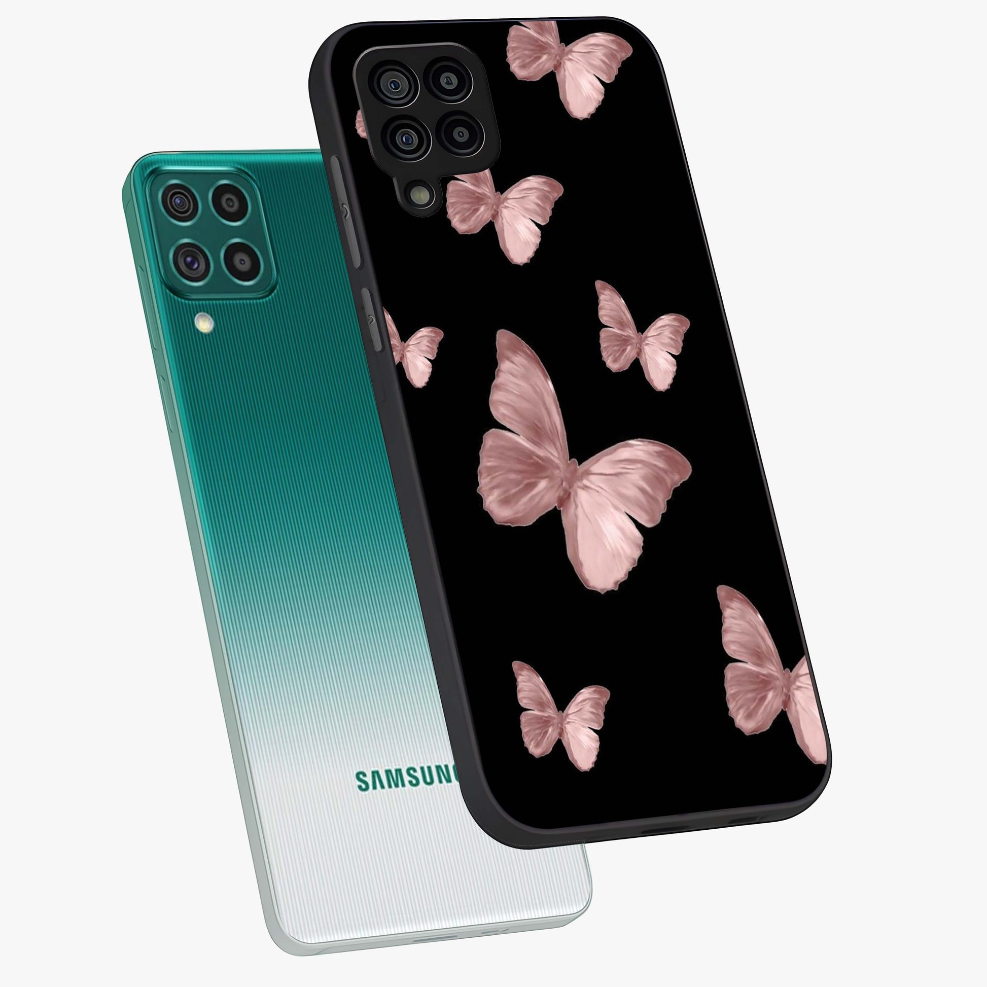 Butterfly Pattern Glass Case displayed in angled mockup highlighting delicate butterfly design and aesthetic pattern style.