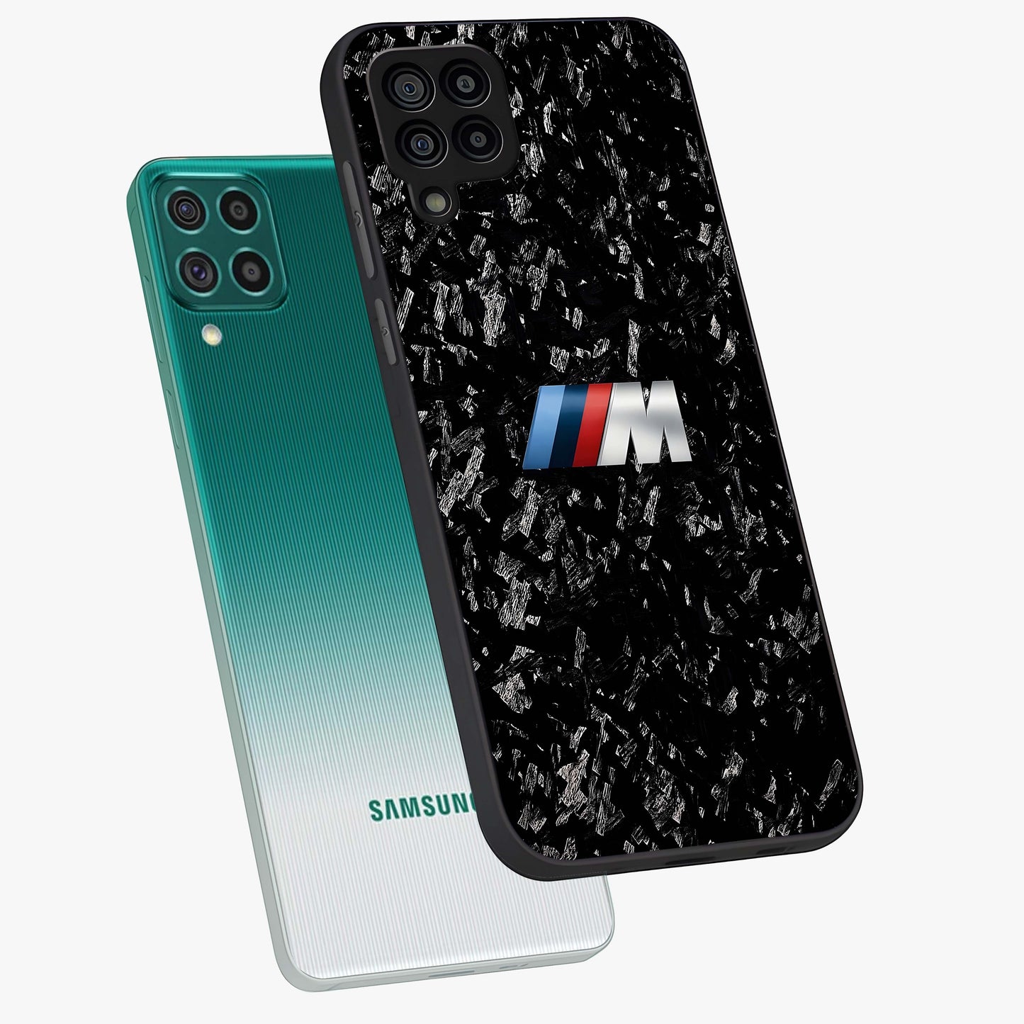 Carbon Speed Mark Glass Case displayed in angled mockup highlighting racing inspired carbon design and sleek aesthetic style.