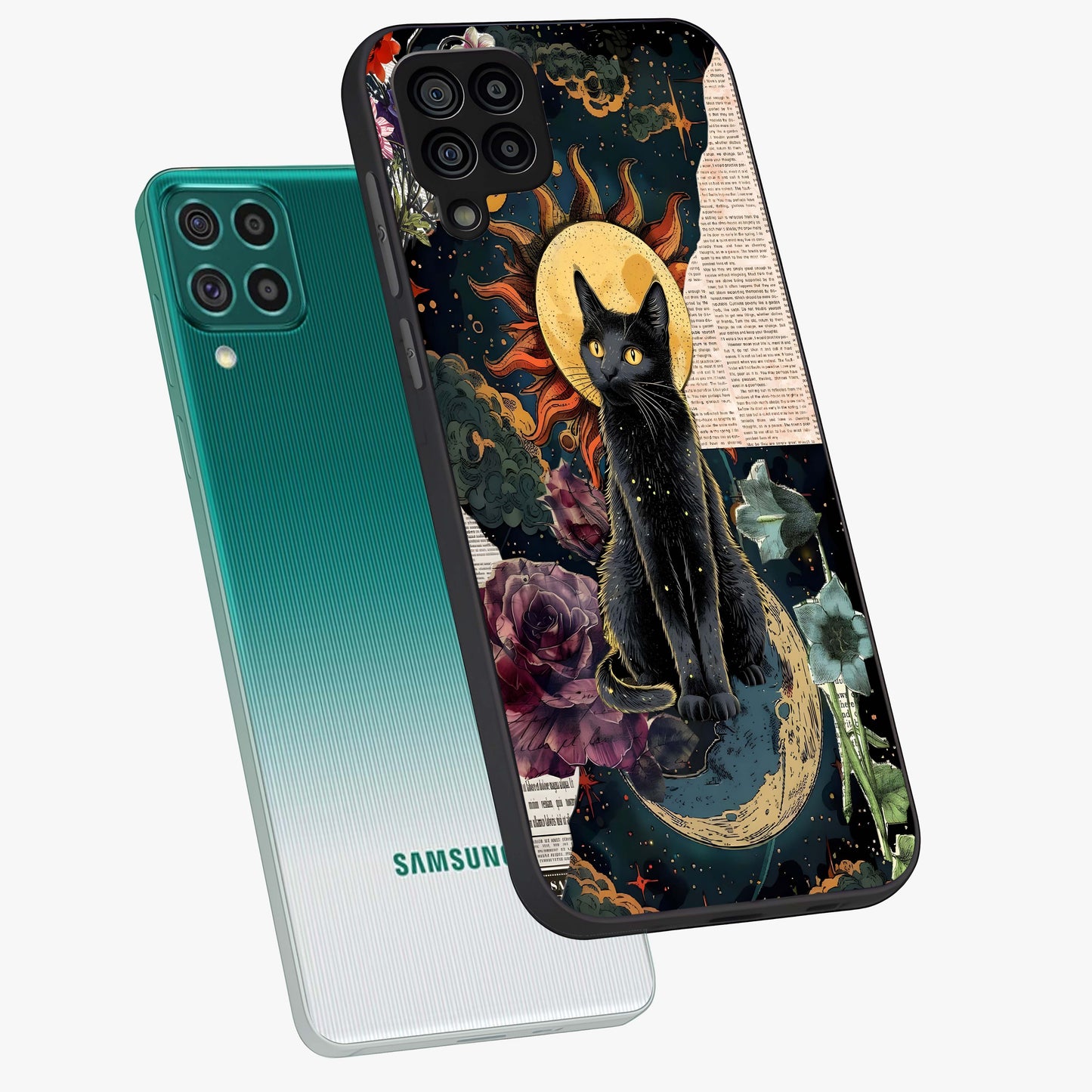 Celestial Black Cat Glass Case displayed in angled mockup highlighting cosmic black cat design with celestial aesthetic.