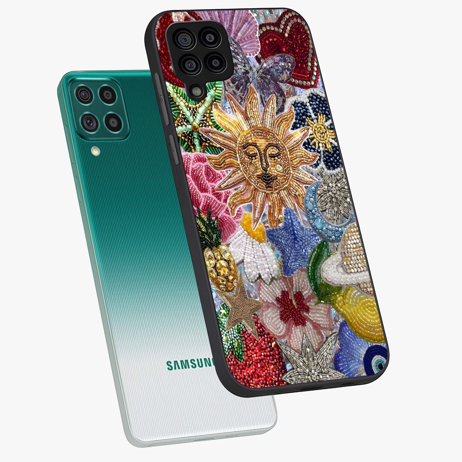Celestial Floral and Playful Glass Case displayed in angled mockup highlighting playful floral design with dreamy celestial elements.