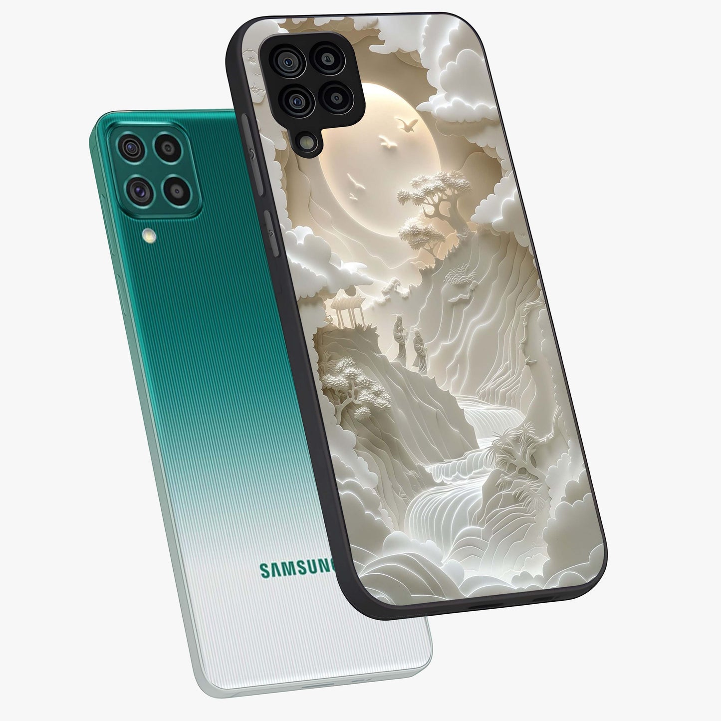 Celestial Origami Glass Case displayed in angled mockup highlighting geometric origami design with cosmic aesthetic theme.