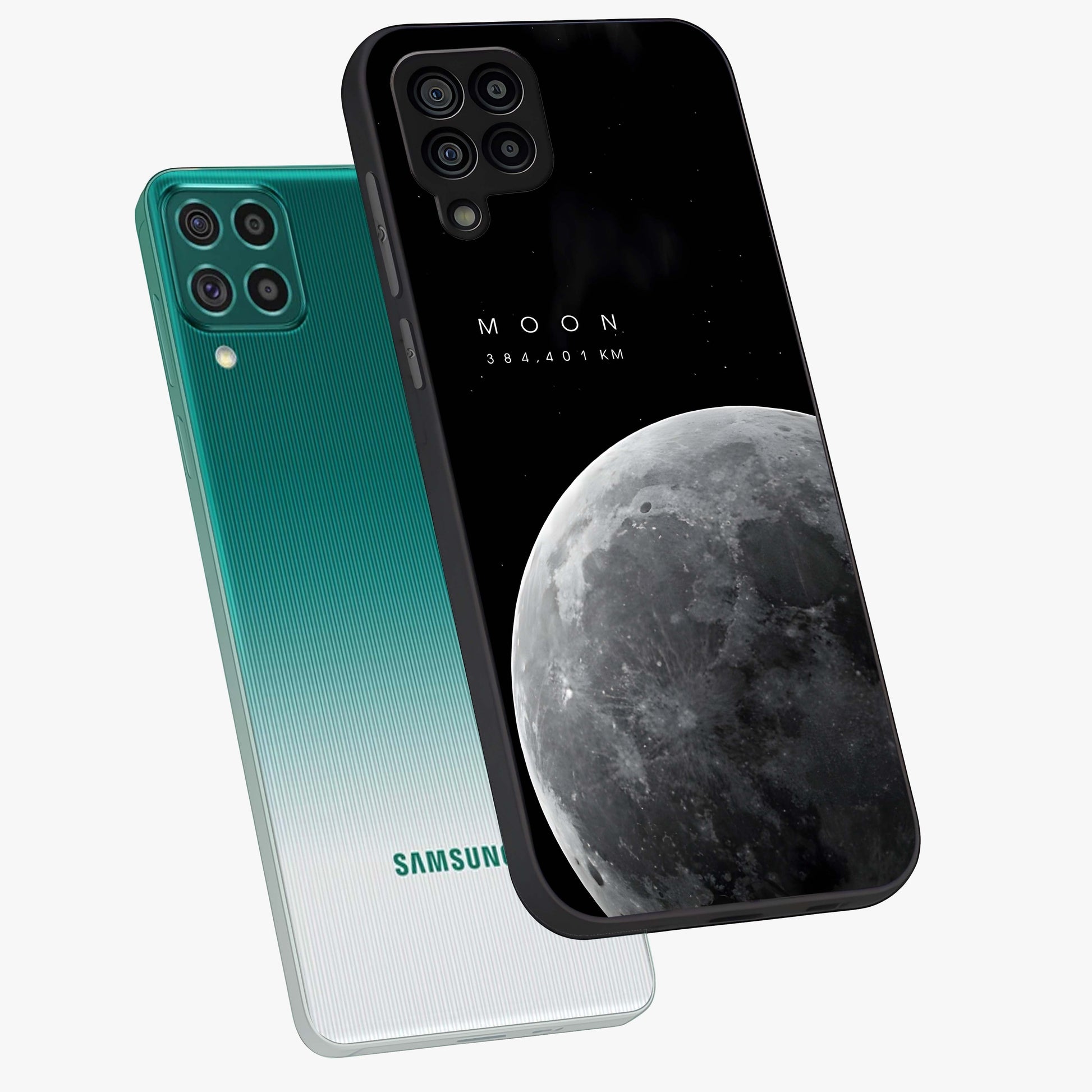 Cosmic Moon Glow Glass Case displayed in angled mockup highlighting celestial moon design with cosmic aesthetic theme.