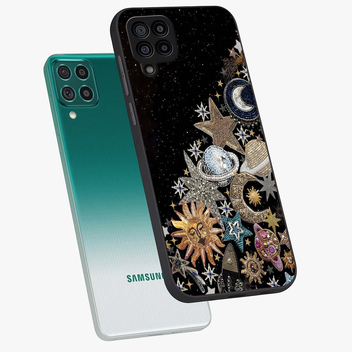 Cosmic Sparkle Dreams Glass Case displayed in angled mockup highlighting dreamy star sparkle design with celestial aesthetic.