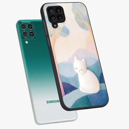 Cotton Dream Cat Glass Case displayed in angled mockup highlighting cute feline illustration with pastel aesthetic style.