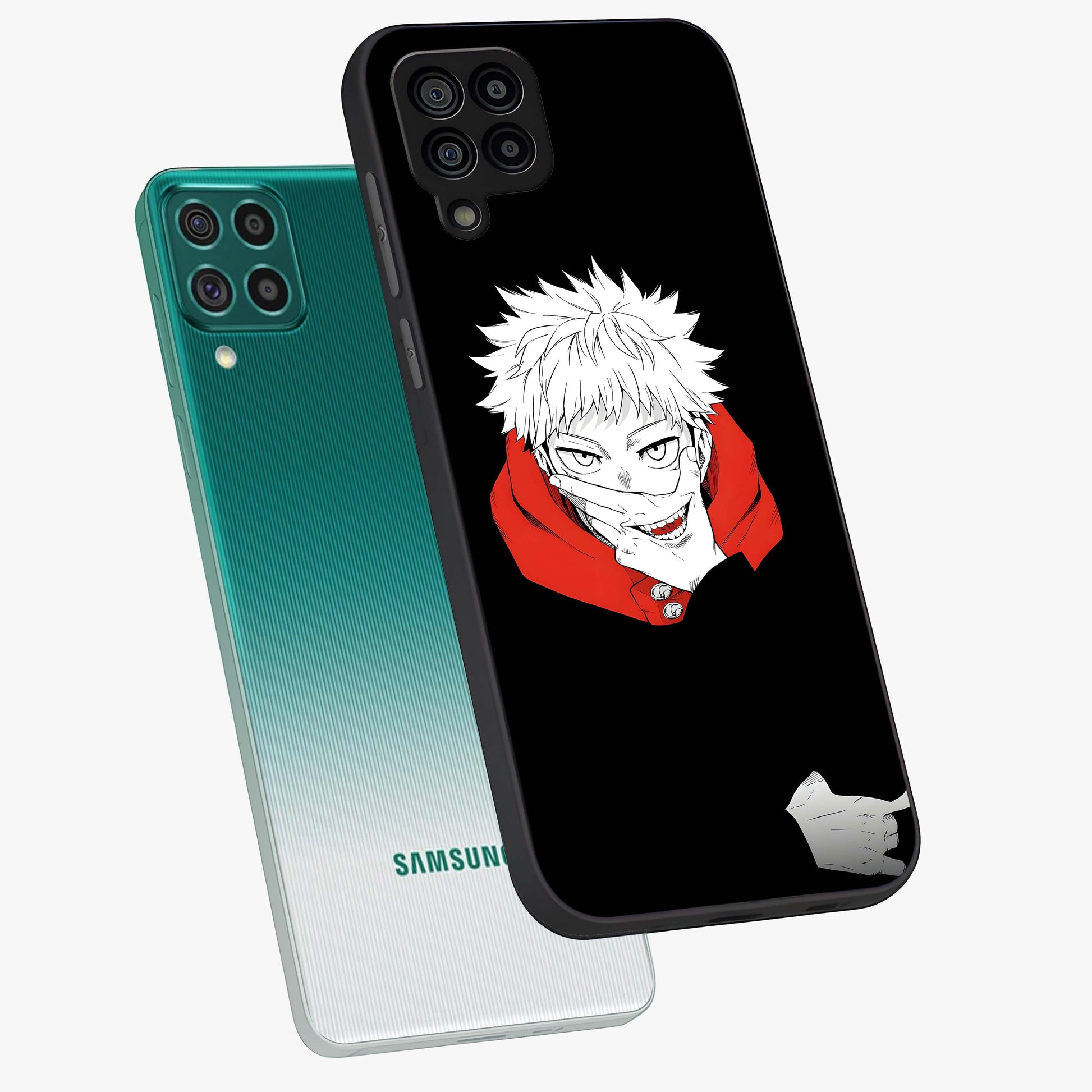 Crimson Chaos Smile Glass Case displayed in angled mockup highlighting edgy crimson smile design with graphic aesthetic.