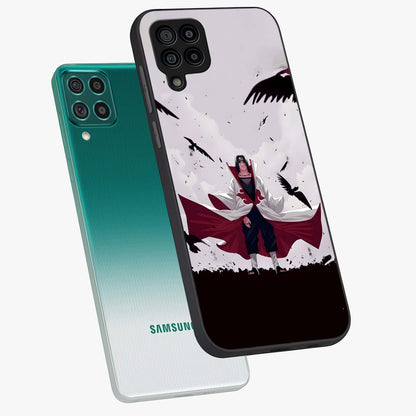 Crimson Crow Ascension Glass Case displayed in angled mockup highlighting powerful crow illustration with dark crimson aesthetic.