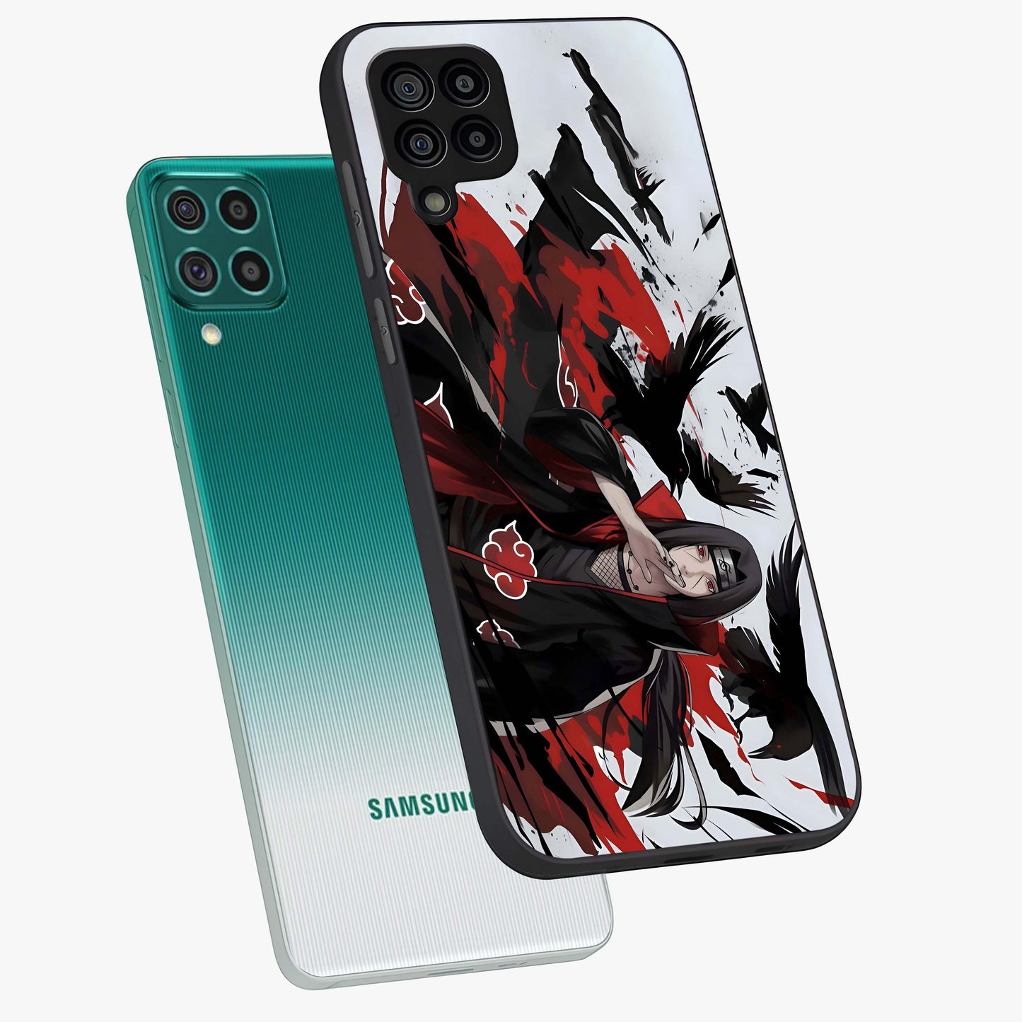 Crimson Crow Illusion Glass Case displayed in angled mockup highlighting mysterious crow graphic with dark aesthetic style.