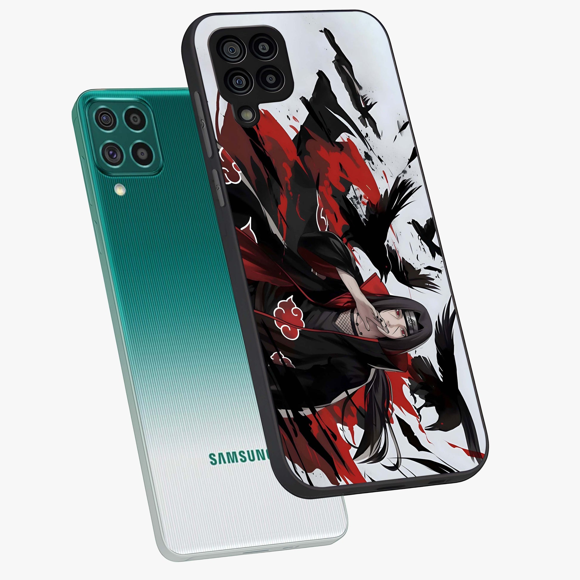 Crimson Crow Illusion Glass Case displayed in angled mockup highlighting mysterious crow graphic with dark aesthetic style.