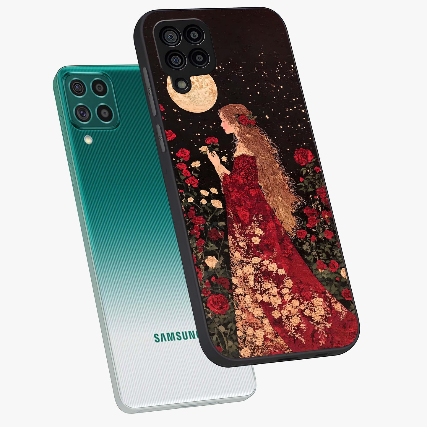 Crimson Dreams Glass Case displayed in angled mockup highlighting soft crimson aesthetic design with artistic theme.