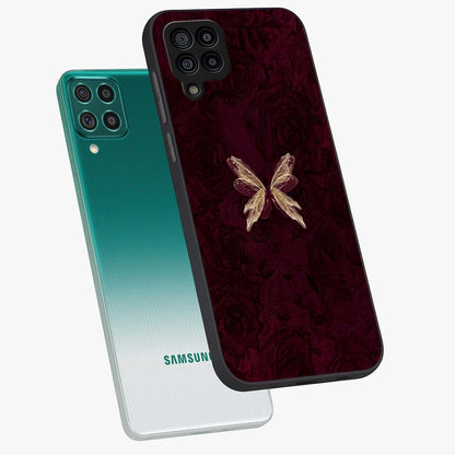 Crimson Fade Butterfly Glass Case displayed in angled mockup highlighting elegant butterfly design with crimson gradient aesthetic.