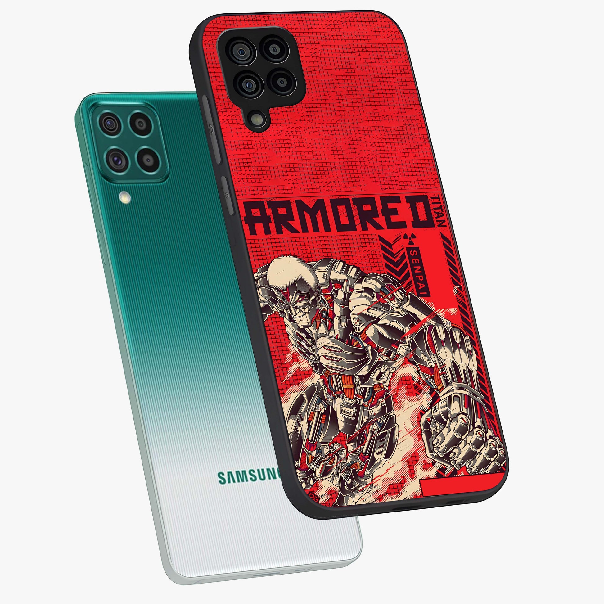 Crimson Mecha Titan Glass Case displayed in angled mockup highlighting futuristic mech illustration with bold crimson aesthetic.