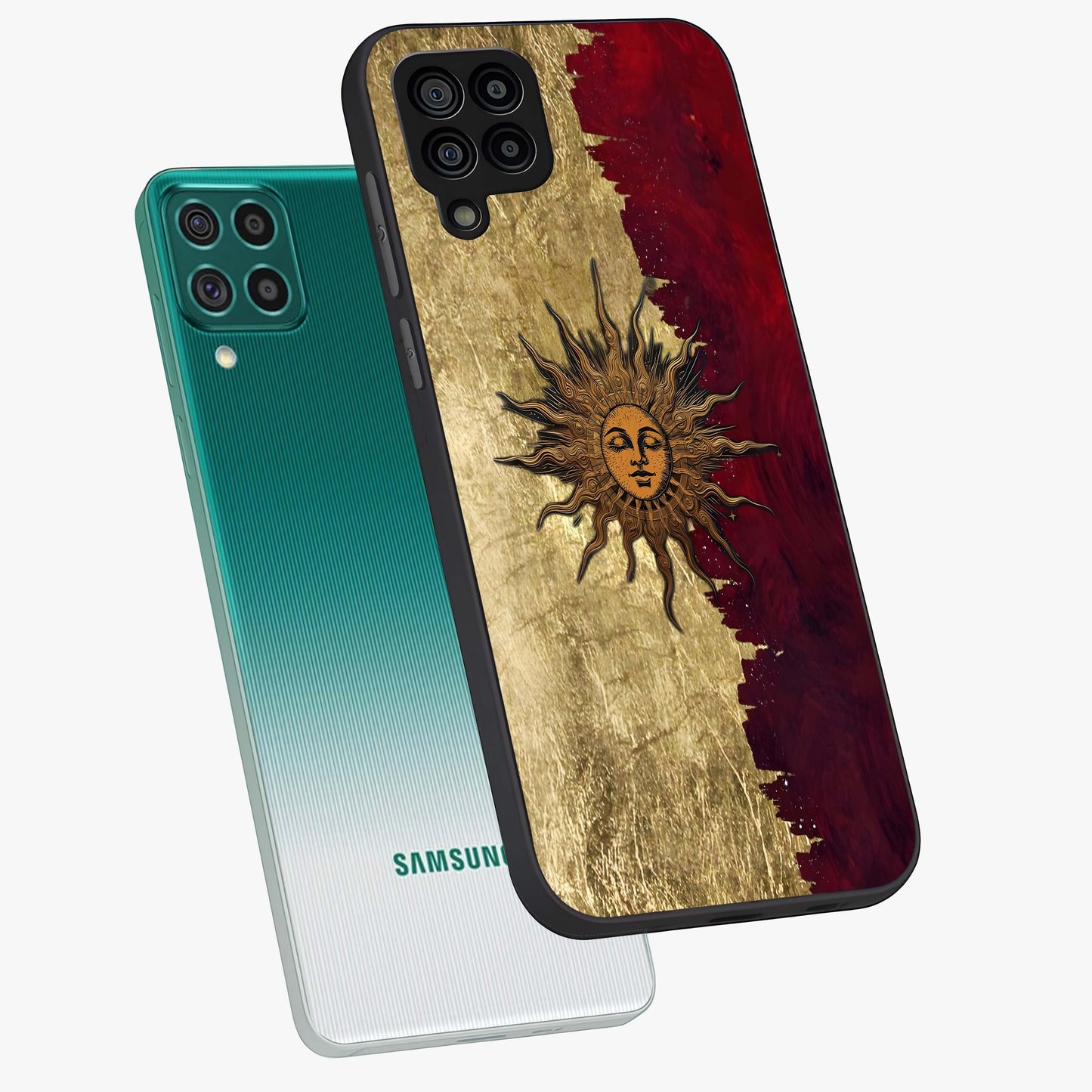 Crimson Sun Majesty Glass Case displayed in angled mockup highlighting majestic crimson sun design with bold aesthetic style.