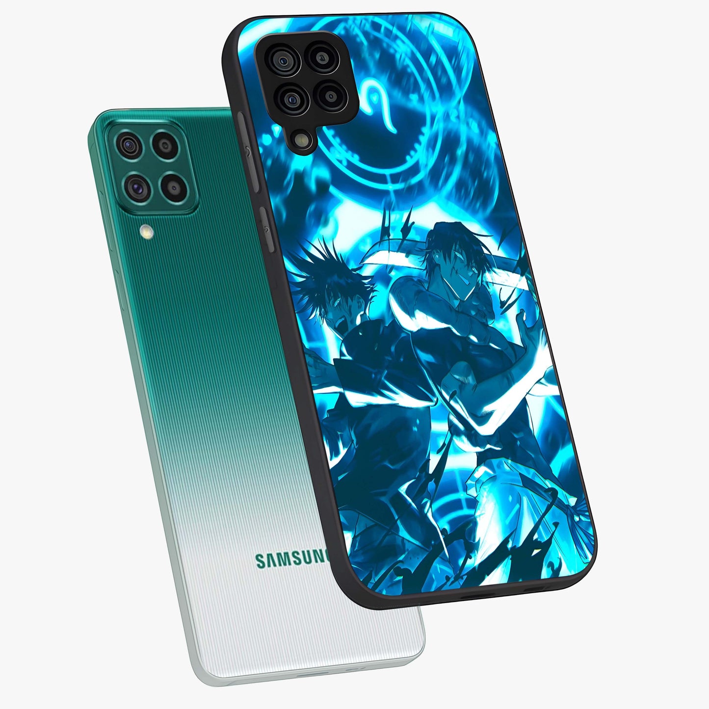 Cursed Energy Clash Glass Case displayed in angled mockup highlighting powerful battle inspired graphic with anime style aesthetic.