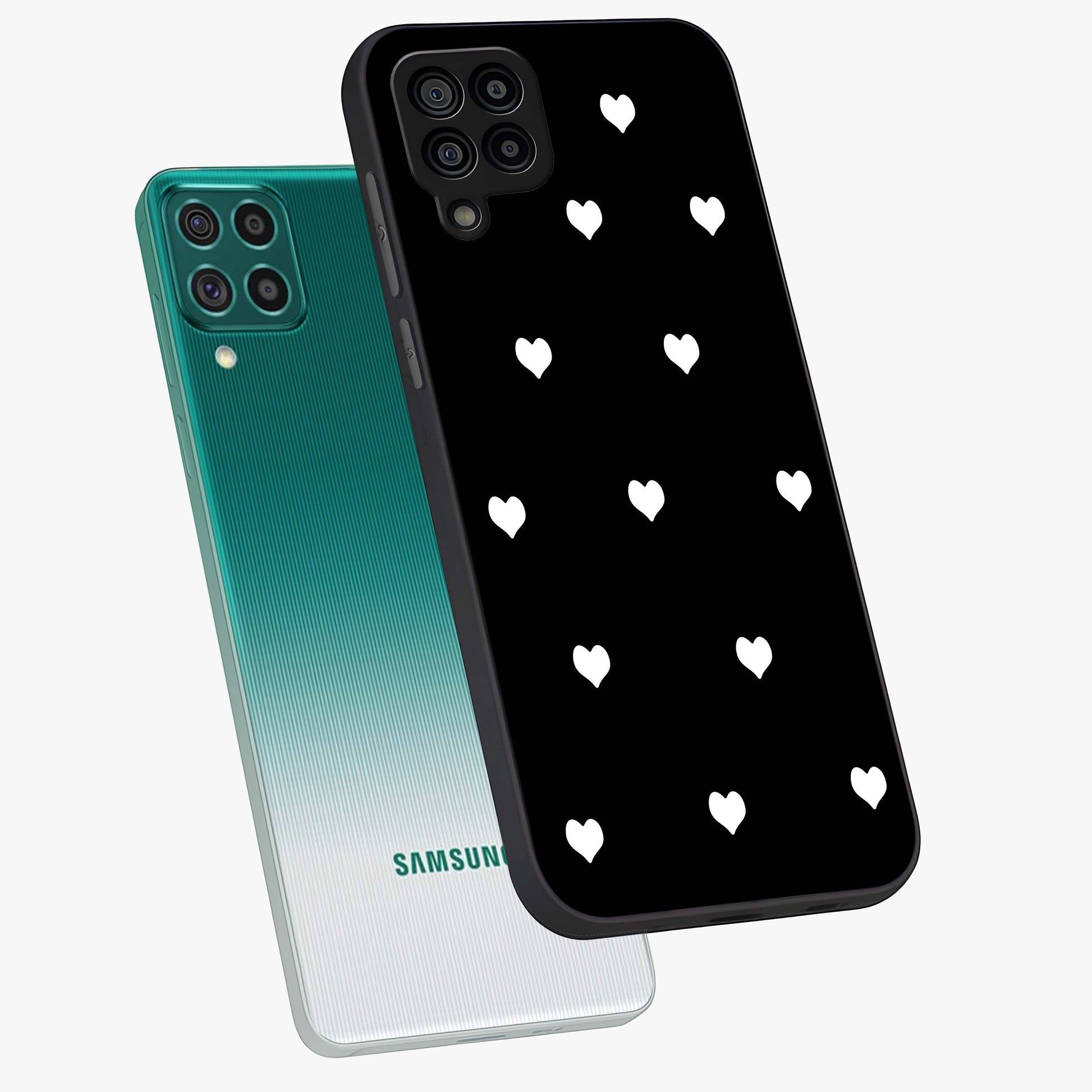 Cute And Simple White Hearts Glass Case displayed in angled mockup highlighting cute heart design with clean aesthetic style.