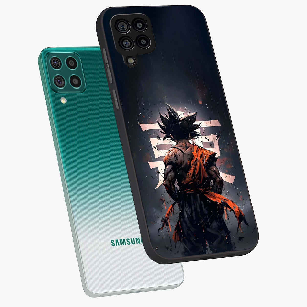 Dark Warrior In Rain Glass Case displayed in angled mockup highlighting dramatic warrior illustration with dark rain aesthetic.