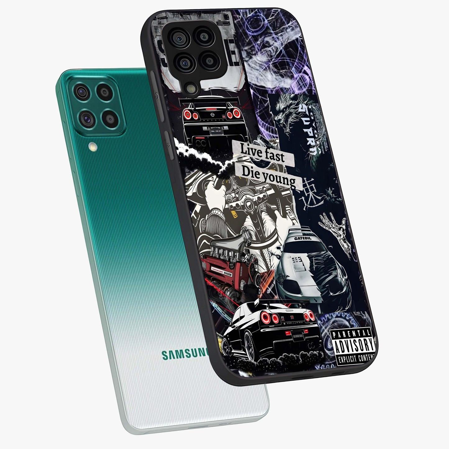 Die Young Glass Case displayed in angled mockup highlighting expressive graphic artwork with edgy aesthetic style.