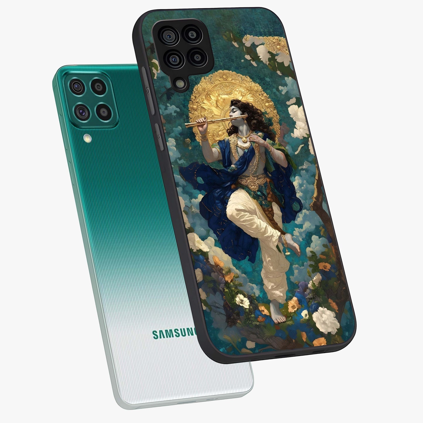 Divine Krishna Art Glass Case displayed in angled mockup highlighting spiritual Krishna illustration with devotional aesthetic.