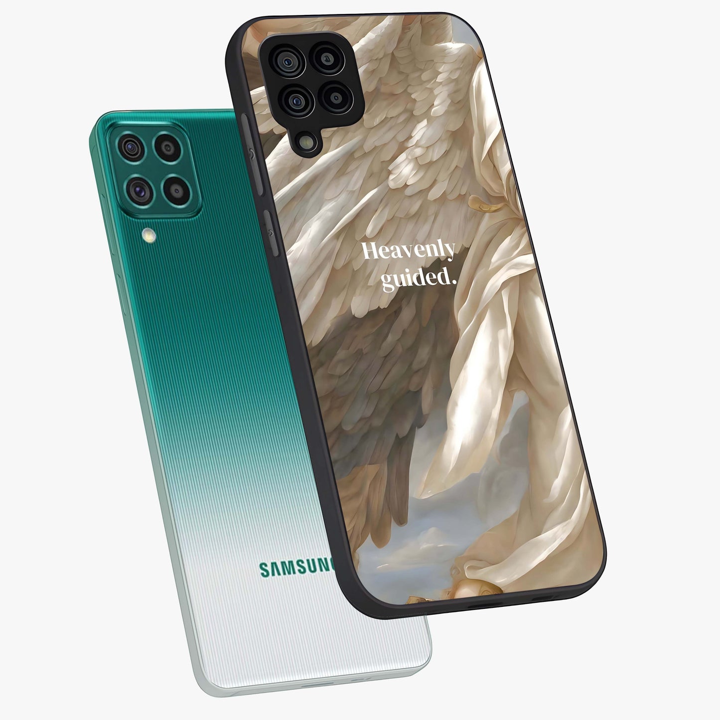 Divine Winged Grace Glass Case displayed in angled mockup highlighting graceful wing design with divine aesthetic style.