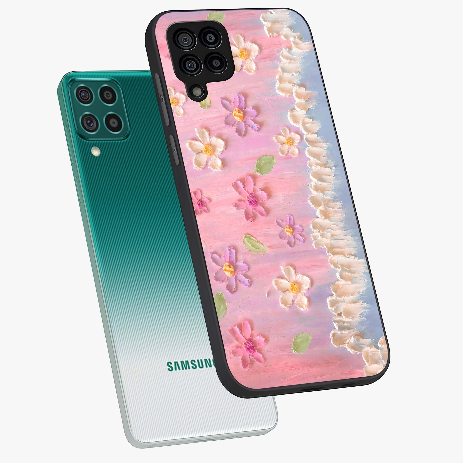 Dreamy Painted Garden Glass Case displayed in angled mockup highlighting colorful garden illustration with dreamy aesthetic style.