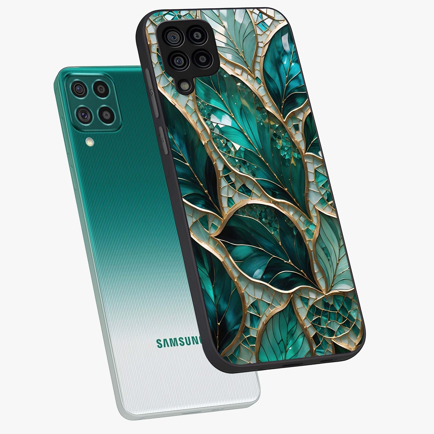 Emerald Leaf Glass Glass Case displayed in angled mockup highlighting botanical leaf illustration with elegant natural aesthetic.