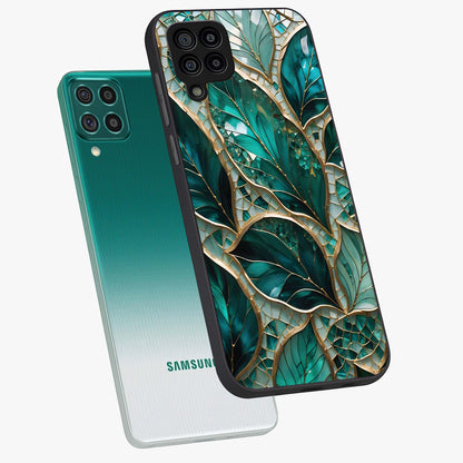 Emerald Leaf Glass Glass Case displayed in angled mockup highlighting botanical leaf illustration with elegant natural aesthetic.