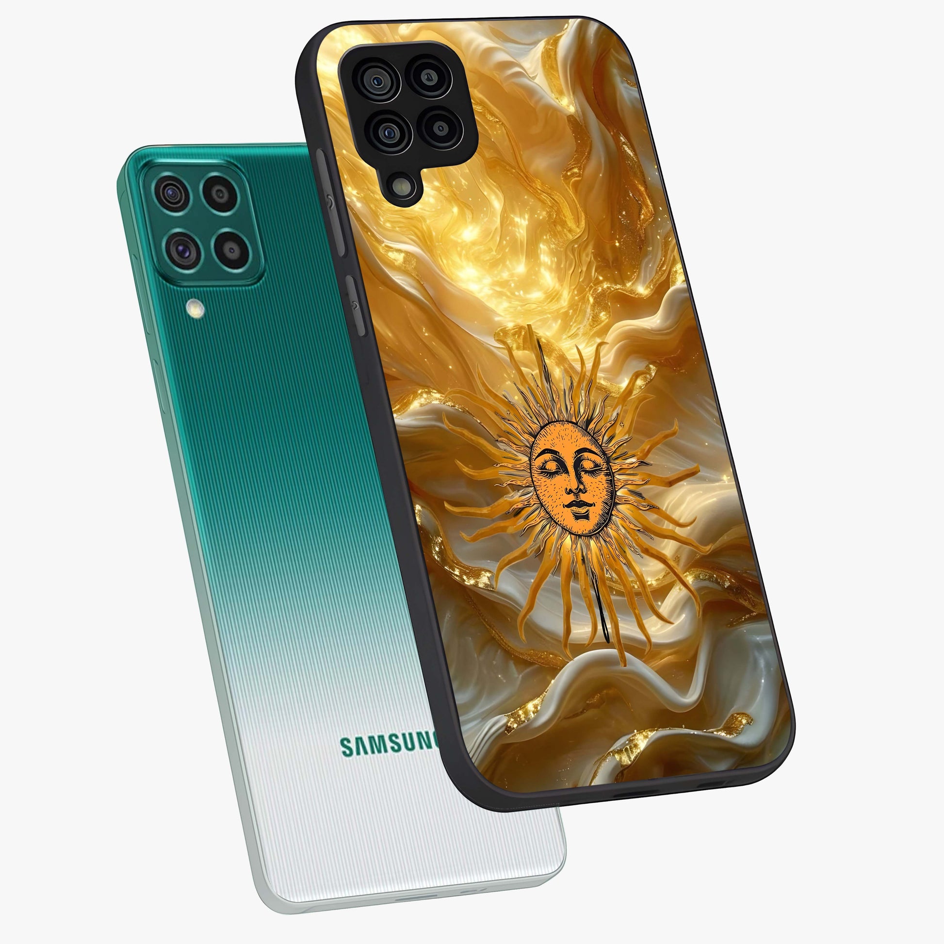 Eternal Golden Glow Glass Case displayed in angled mockup highlighting glowing golden aesthetic design with elegant style.