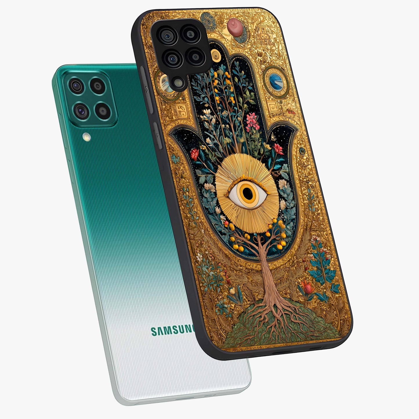 Ethereal Evil Eye Glass Case displayed in angled mockup highlighting protective evil eye symbol with spiritual aesthetic design.