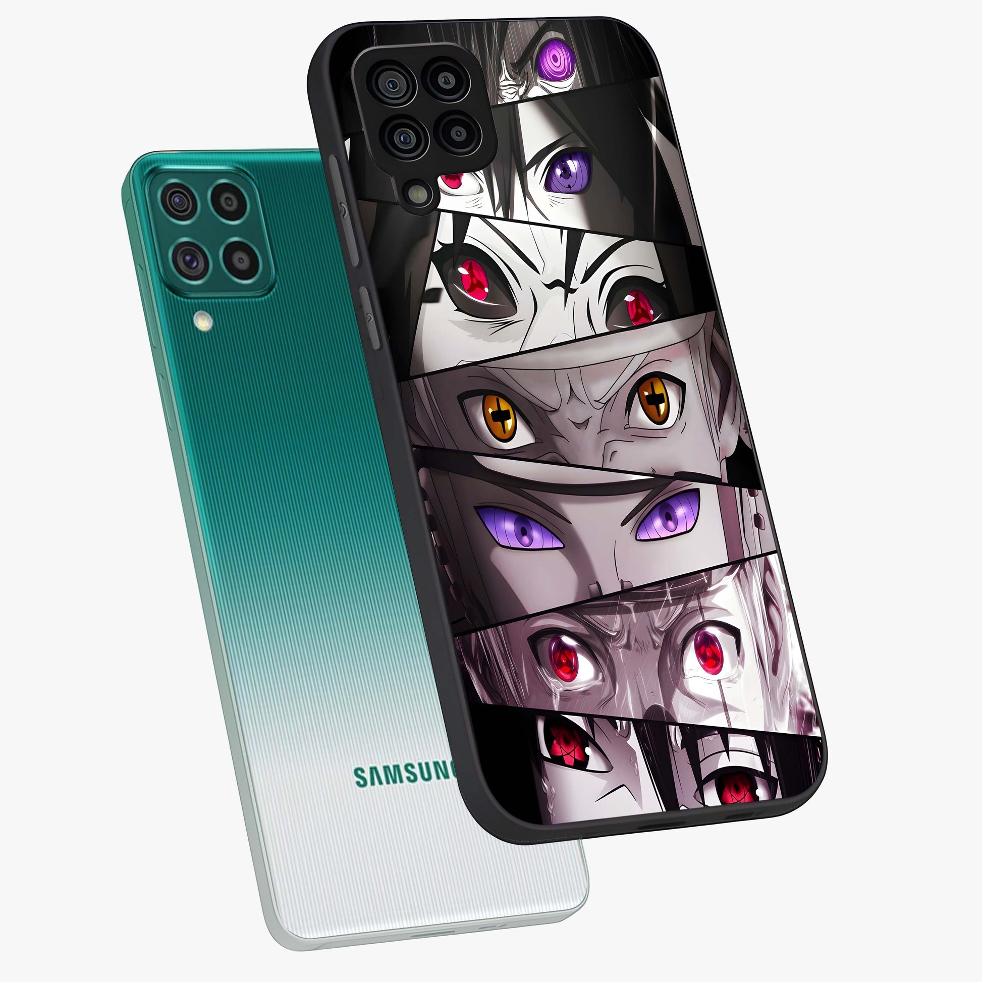 Eyes of Destiny Glass Case displayed in angled mockup highlighting bold eye illustration with mystical aesthetic style.