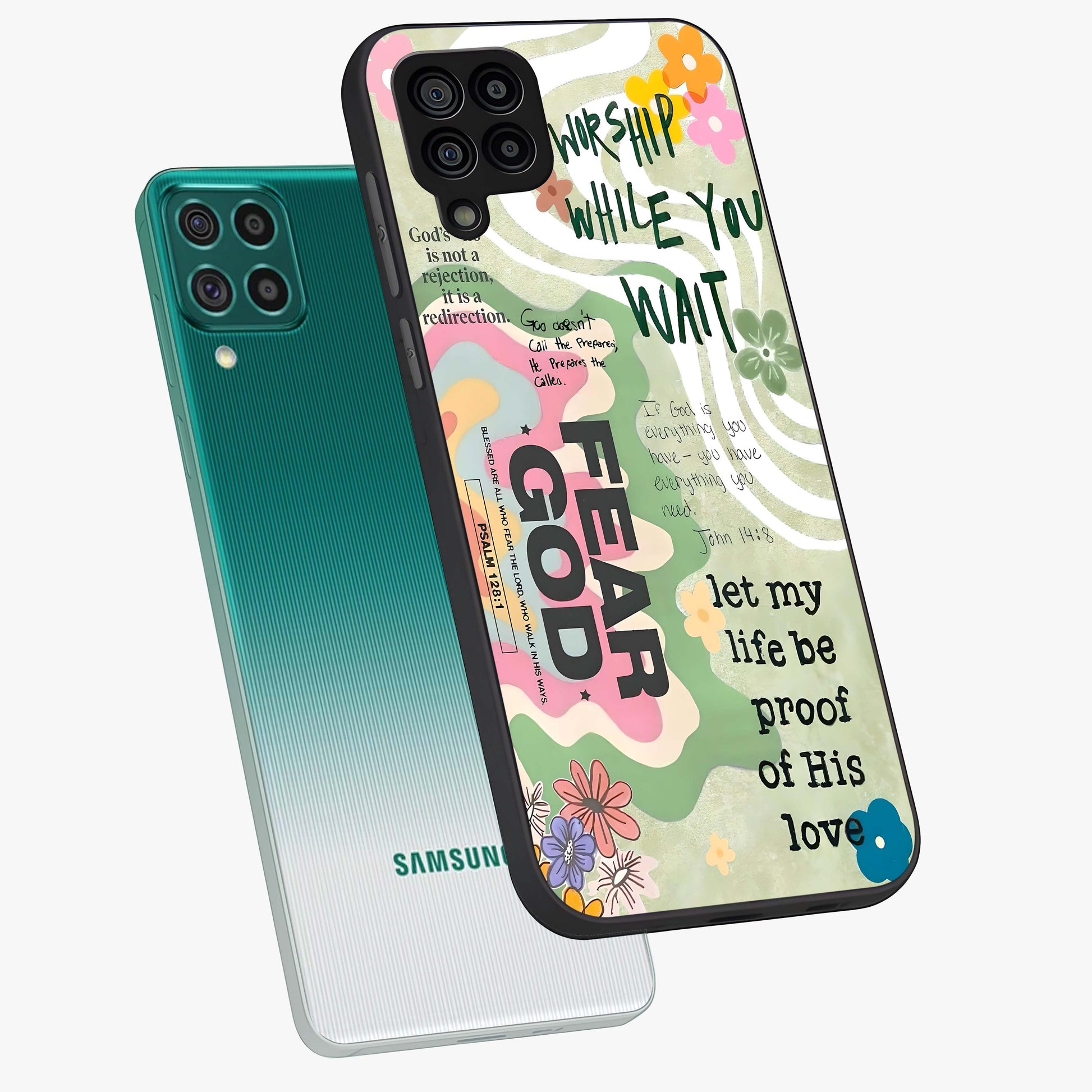 Faith Over Fear Glass Case displayed in angled mockup highlighting inspirational message design with modern aesthetic style.