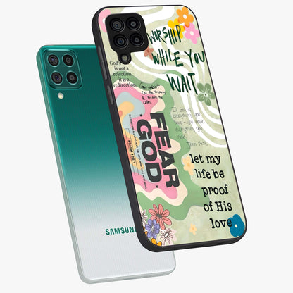 Faith Over Fear Glass Case displayed in angled mockup highlighting inspirational message design with modern aesthetic style.