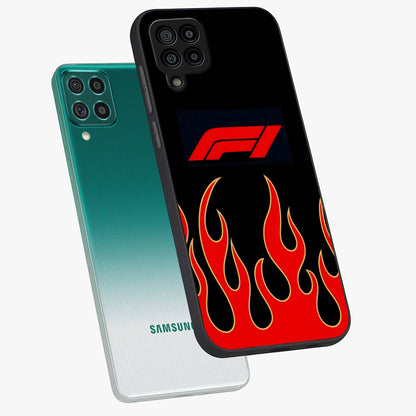 Fire F11 Glass Case displayed in angled mockup highlighting bold fire inspired graphic with energetic aesthetic style.