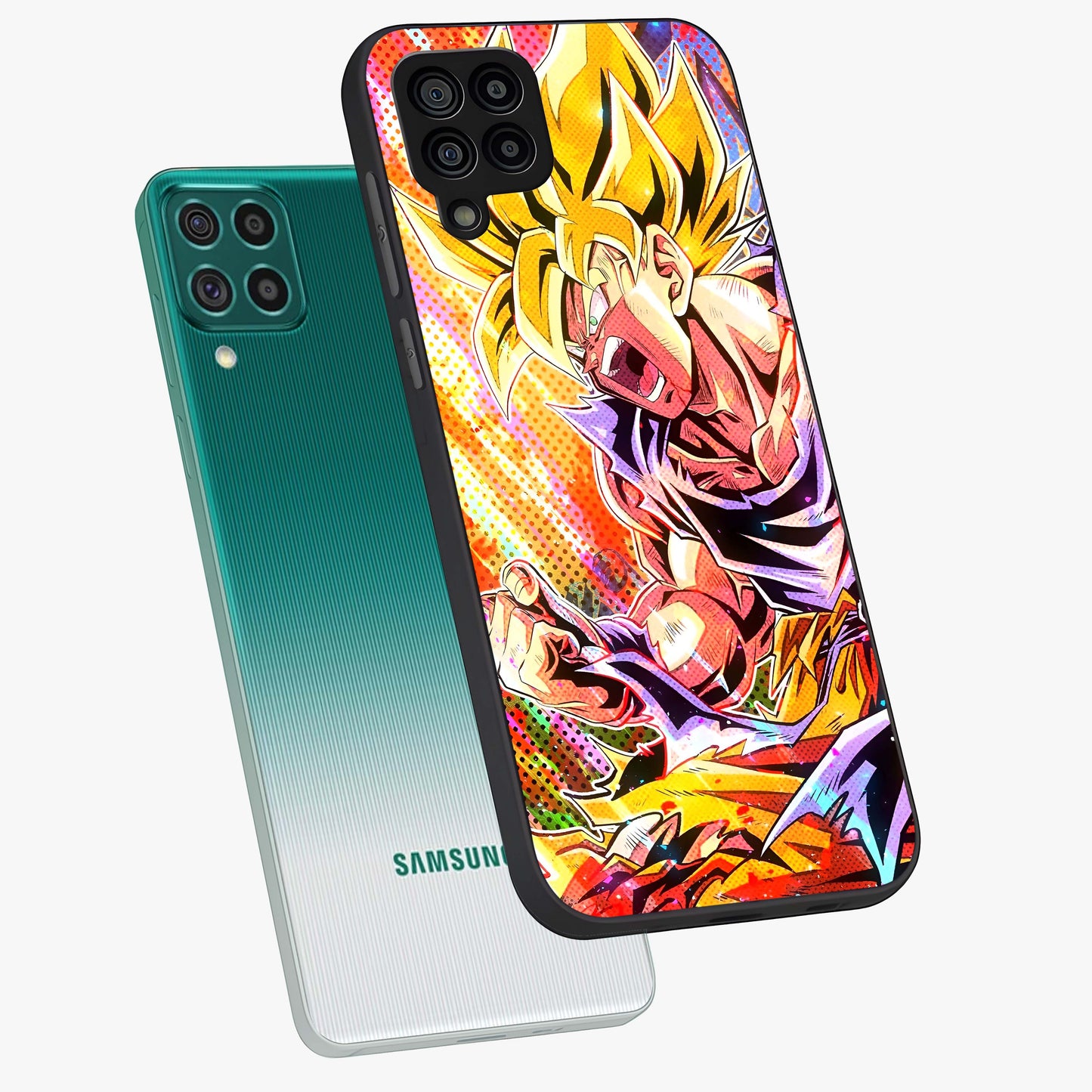 Firing Goku Glass Case displayed in angled mockup highlighting dynamic anime character design with action aesthetic.