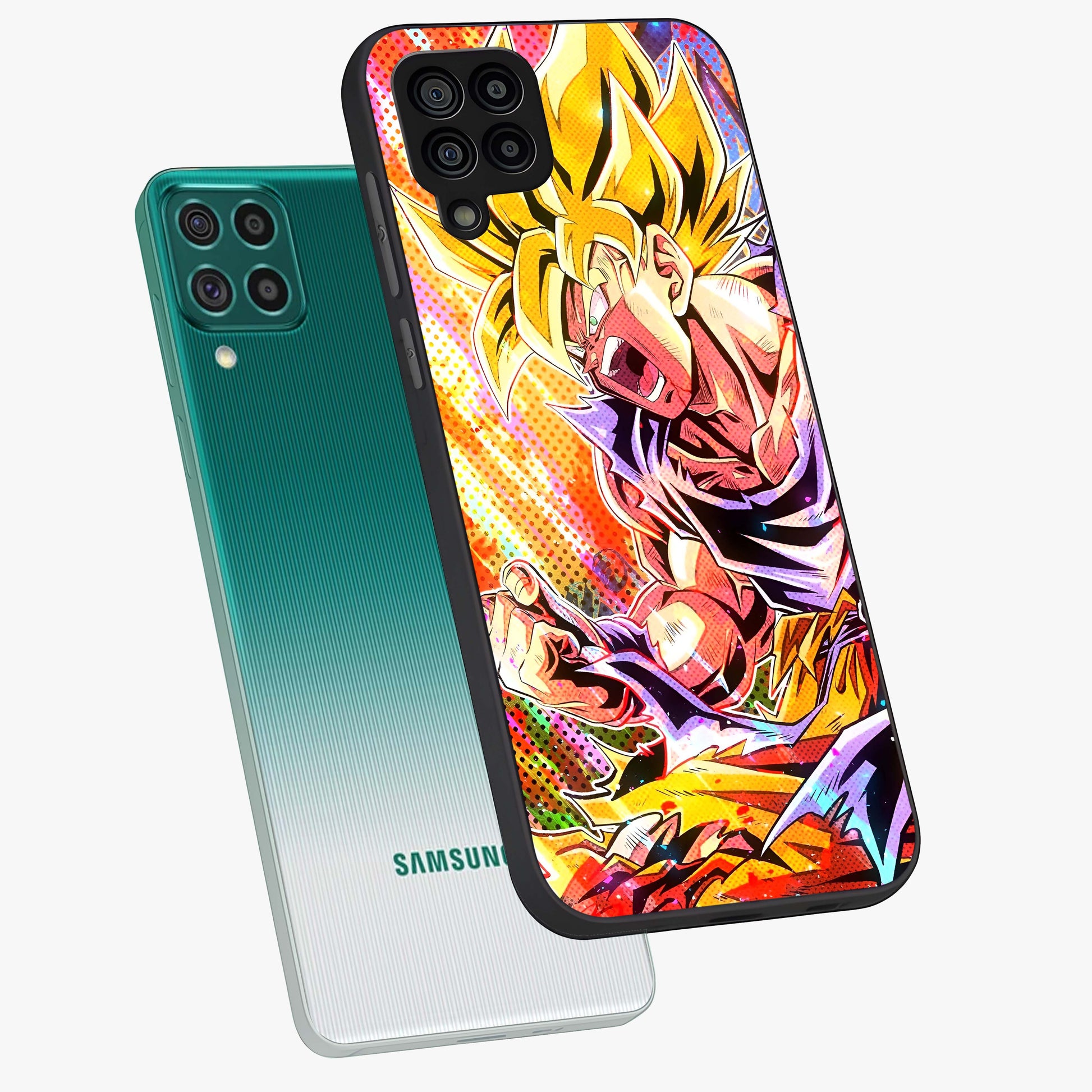 Firing Goku Glass Case displayed in angled mockup highlighting dynamic anime character design with action aesthetic.