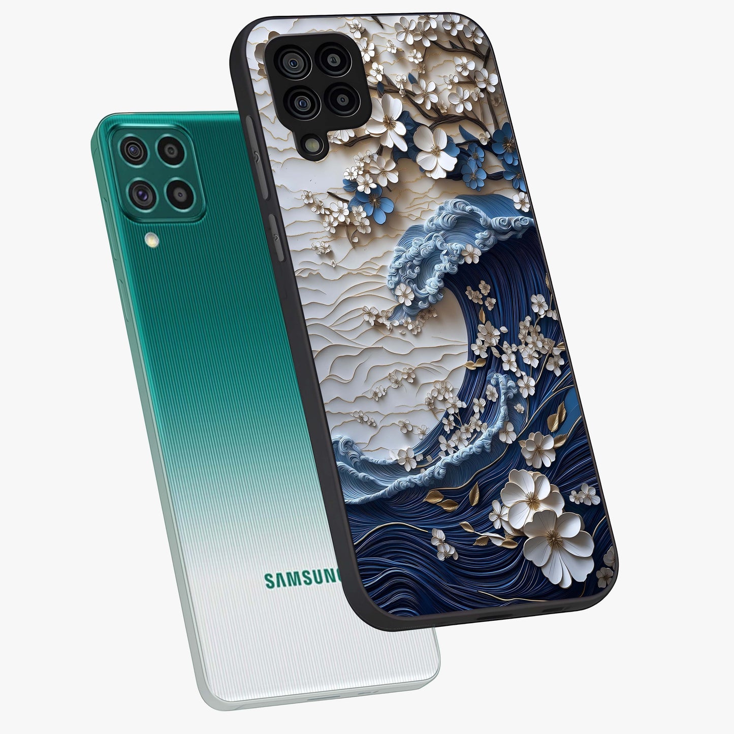 Floral Wave Origami Glass Case displayed in angled mockup highlighting geometric origami flower design with modern aesthetic style.