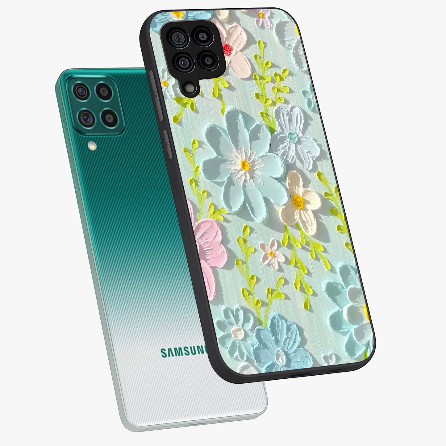Frosted Petal Garden Glass Case displayed in angled mockup highlighting delicate flower petal design with calm garden aesthetic.