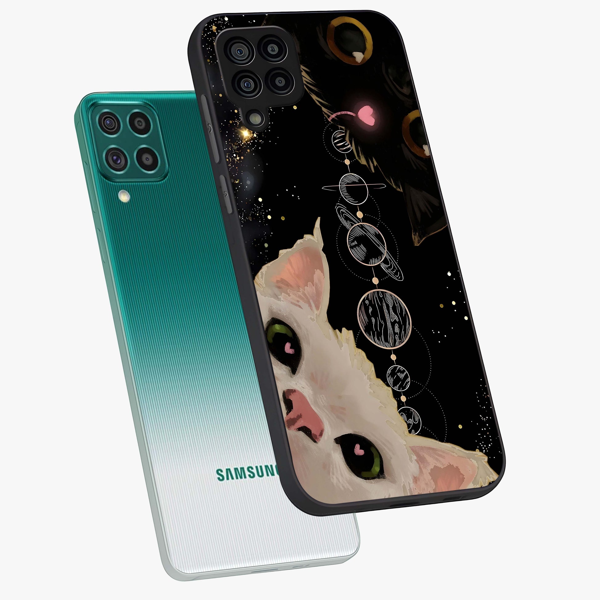 Galactic Cat Glass Case displayed in angled mockup highlighting celestial feline illustration with galaxy aesthetic style.
