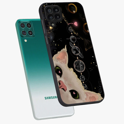 Galactic Cat Glass Case displayed in angled mockup highlighting celestial feline illustration with galaxy aesthetic style.