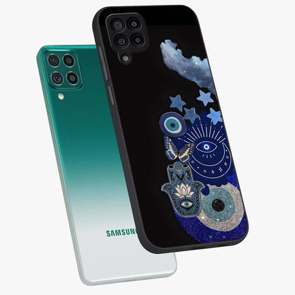 Galactic Charm Cluster Glass Case displayed in angled mockup highlighting luminous galaxy inspired design with dreamy aesthetic.