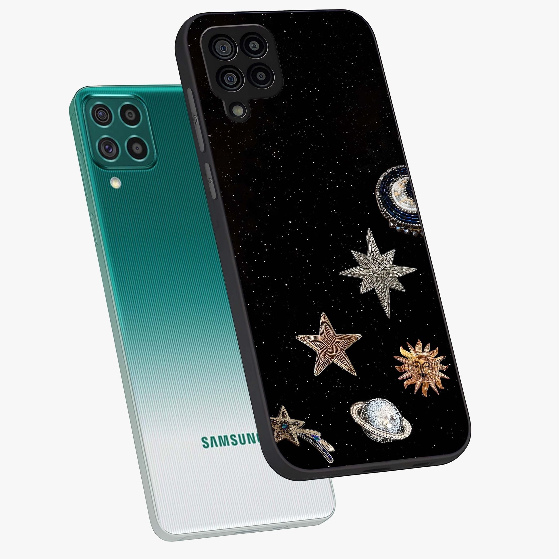 Galactic Charm Glow Glass Case displayed in angled mockup highlighting luminous galaxy inspired design with dreamy aesthetic.