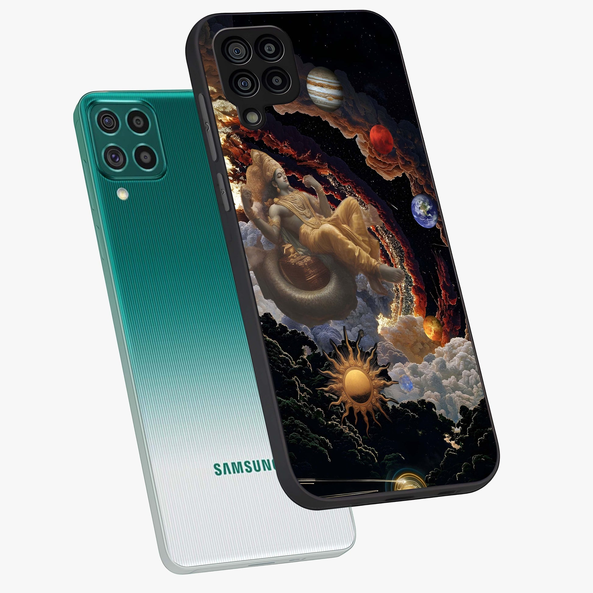 Galactic Divine God Glass Case displayed in angled mockup highlighting powerful celestial deity illustration with galactic aesthetic.