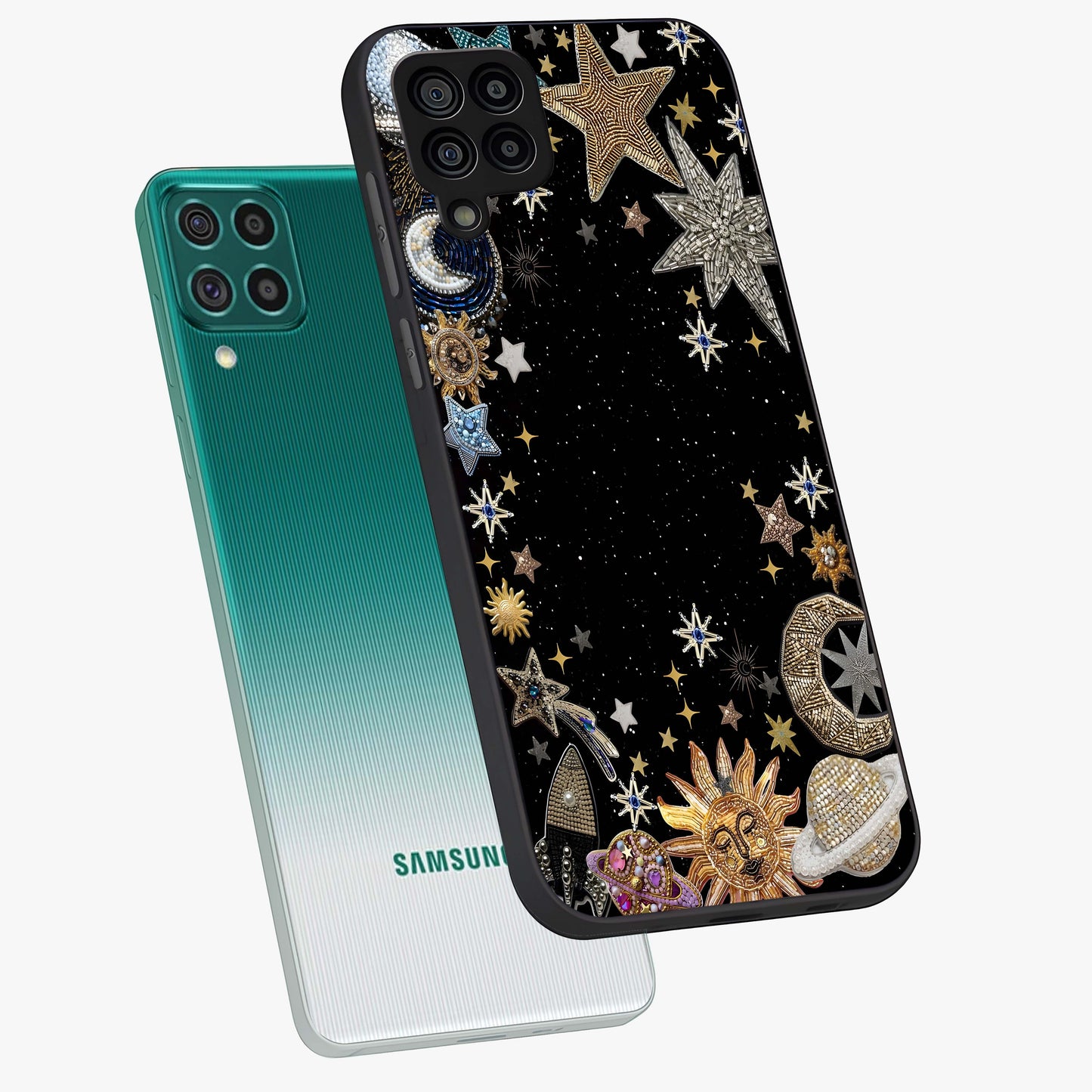 Galactic Jewel Stars Glass Case displayed in angled mockup highlighting shining celestial star design with cosmic aesthetic style.
