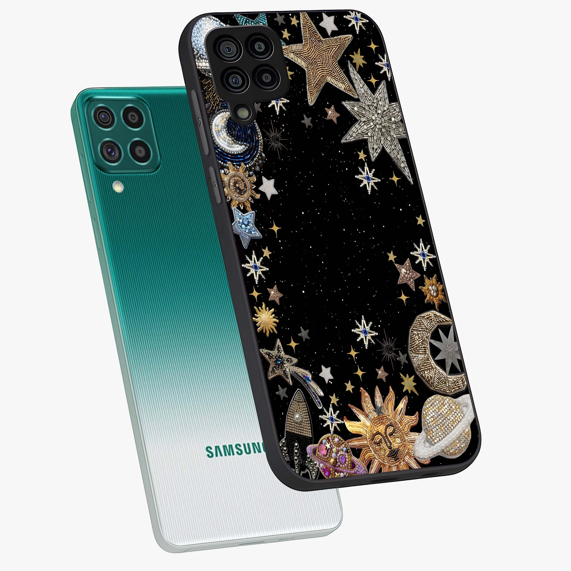 Galactic Jewel Stars Glass Case displayed in angled mockup highlighting shining celestial star design with cosmic aesthetic style.
