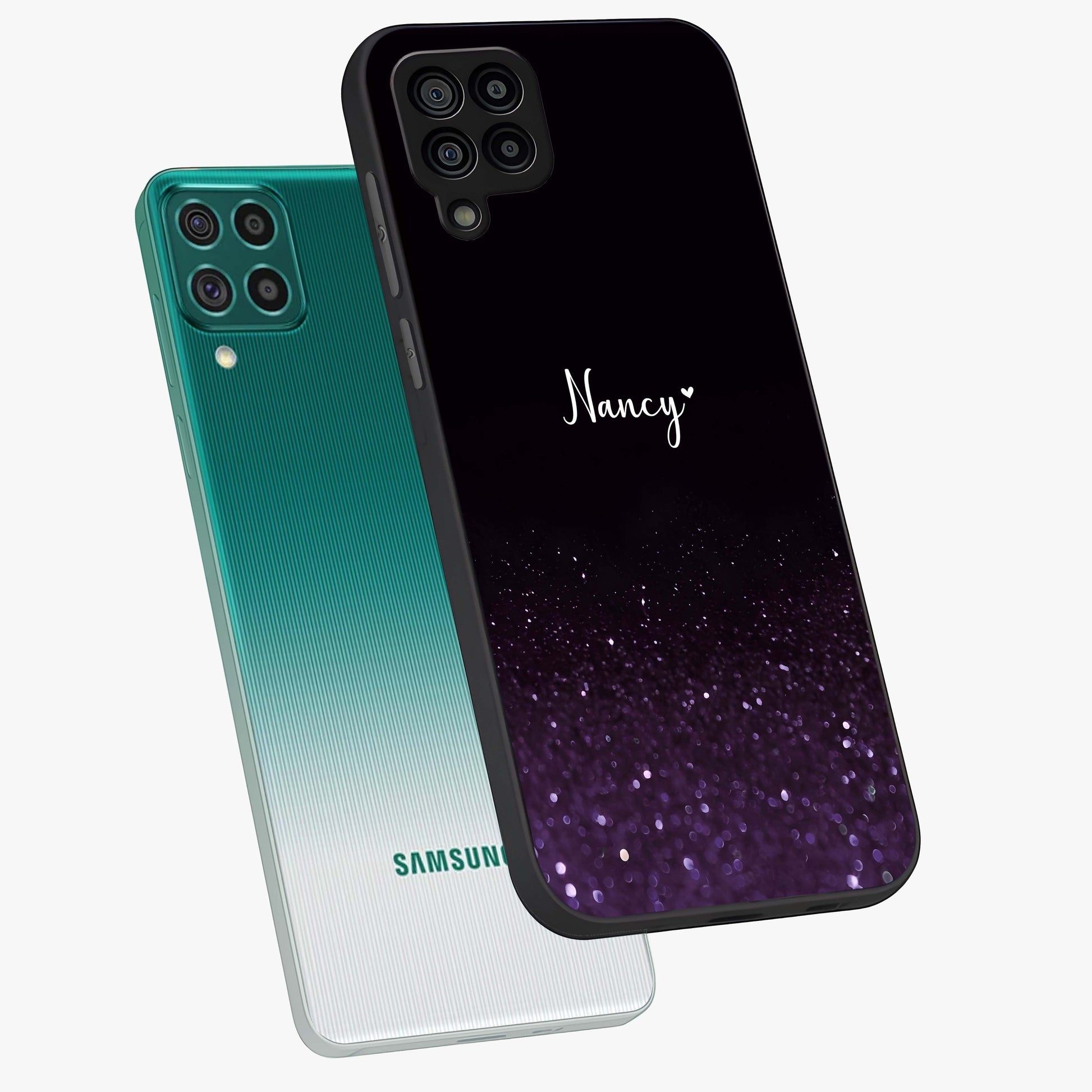 Glittery Purple Bokeh Custom Name Glass Case displayed in angled mockup highlighting glitter bokeh pattern with custom name feature.