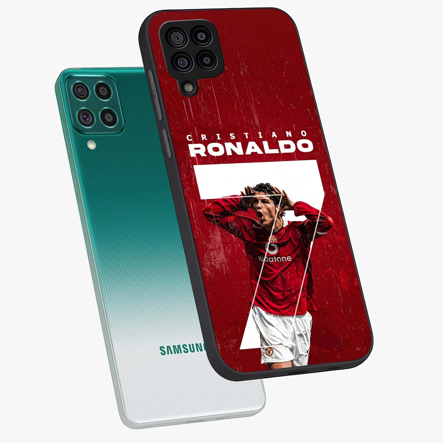 Goal Celebration Legacy Glass Case displayed in angled mockup highlighting energetic sports celebration design with bold athletic theme.