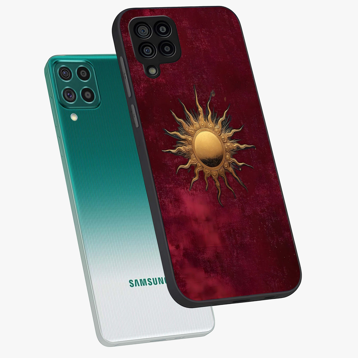 Golden Sun Minimalism Glass Case displayed in angled mockup highlighting clean sun symbol design with modern minimal aesthetic.
