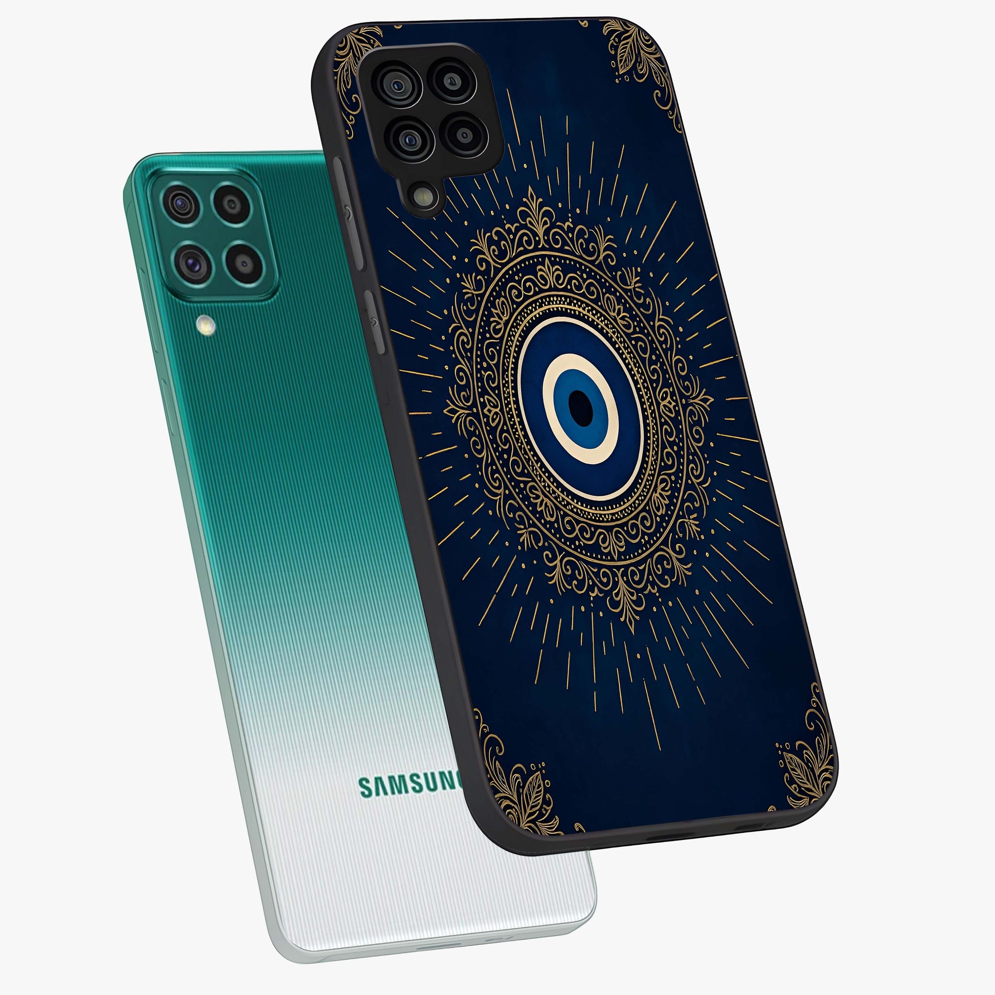 Golden Celestial Charm Glass Case displayed in angled mockup highlighting sparkling cosmic charm design with celestial aesthetic.