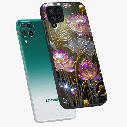 Golden Floral Majesty Glass Case displayed in angled mockup highlighting elegant flower design with royal golden aesthetic.