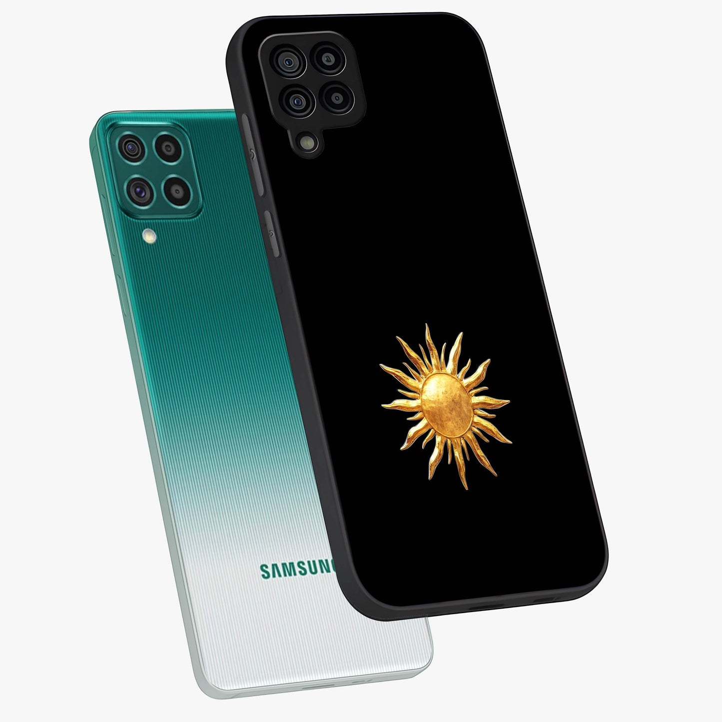 Golden Sun Minimalism Glass Case displayed in angled mockup highlighting eerie shadow illustration with gothic aesthetic.