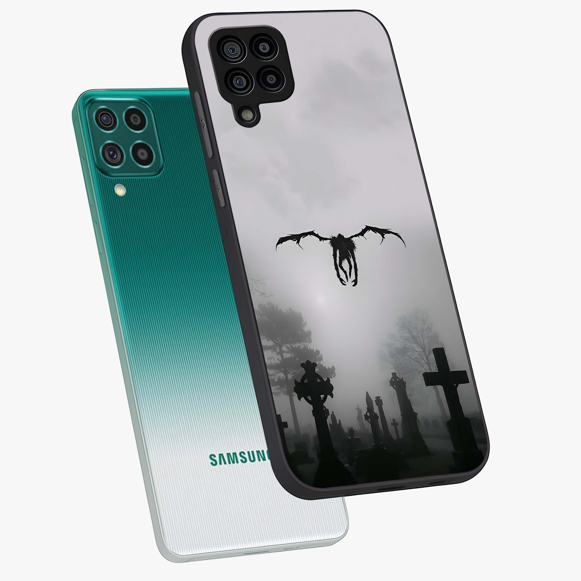 Graveyard Shadow Descent Glass Case displayed in angled mockup highlighting eerie shadow illustration with gothic aesthetic.